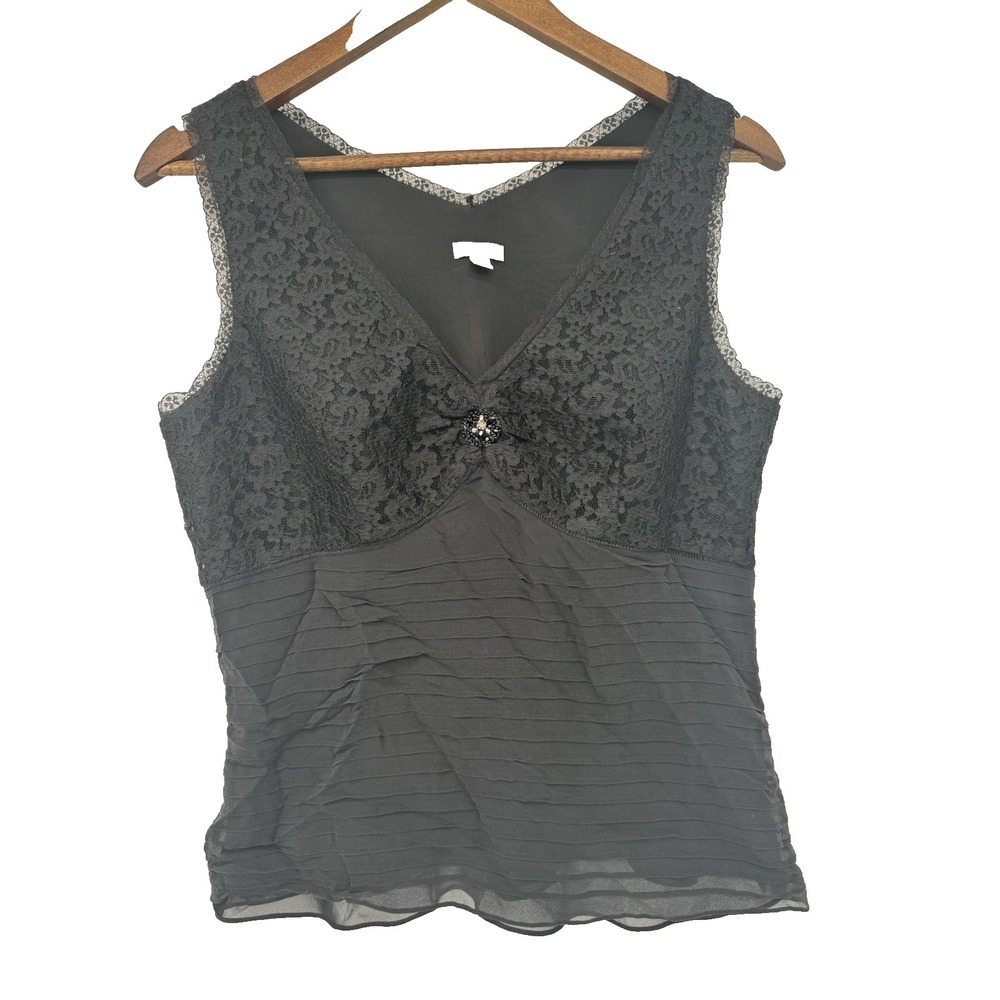 Ann Taylor silk blouse sleeveless 12 black‎ V neck Lace Y2K whimsigoth Fairy